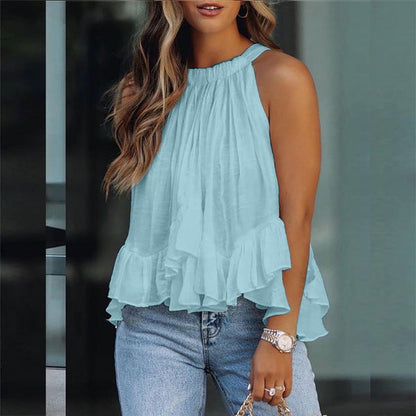Summer Casual Vacation Solid Color Pullover Sleevelessloose Round Neck Ruffled Blouse