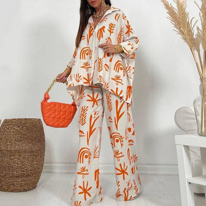 Women Printed Loose Casual Long Sleeve Shirt Blouse Top And Pants Two Piece Set