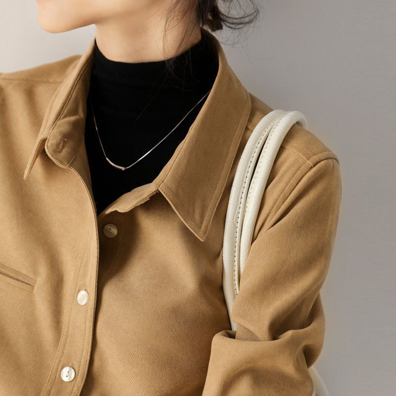 Women Fashion Casual Winter Long Sleeve Solid Thickened Corduroy Shirt Office Blouse