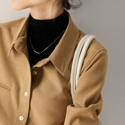 Women Fashion Casual Winter Long Sleeve Solid Thickened Corduroy Shirt Office Blouse