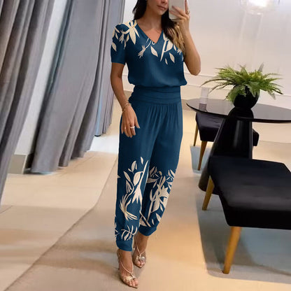 Women Fashion Casual V-Neck Color Blocking Printed Short-Sleeved V Neck Blouse Pants Two-Piece Set