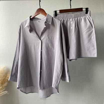 Women Fashion Casual Summer Solid Color Long Sleeve Shirt Blouse And Loose Shorts Set