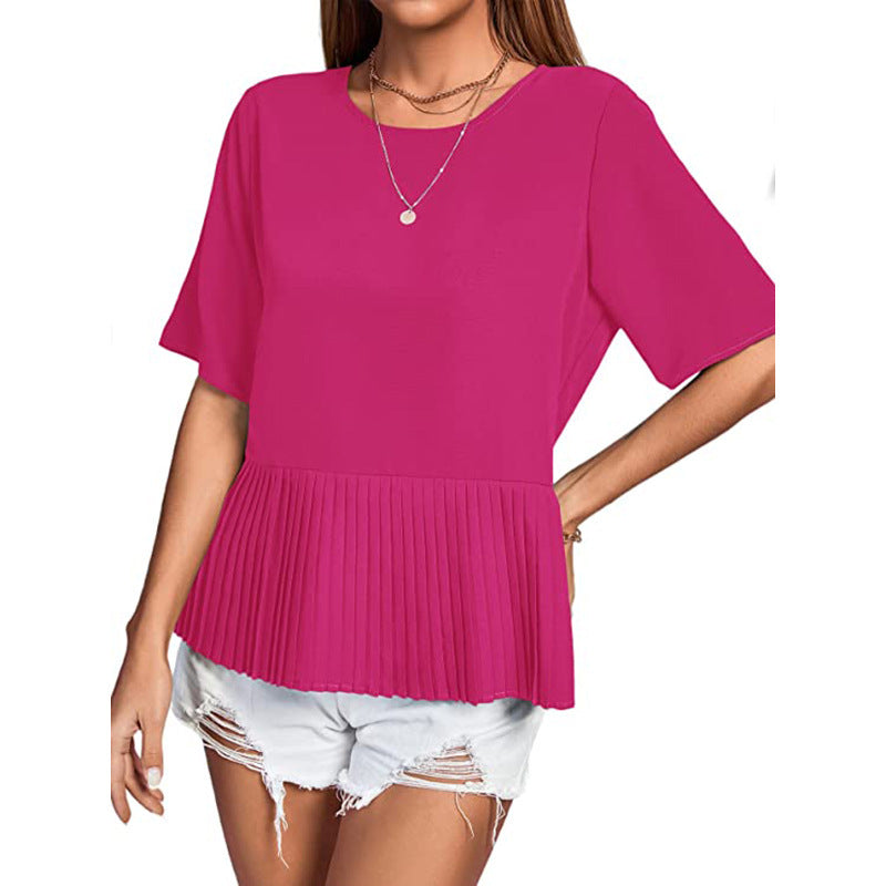 Women Casual Round Neck Short Sleeve Pleated Hemline Solid Blouse