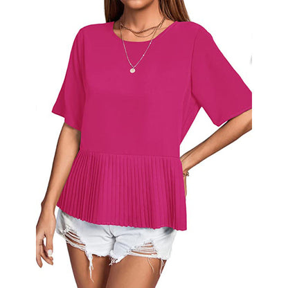 Women Casual Round Neck Short Sleeve Pleated Hemline Solid Blouse