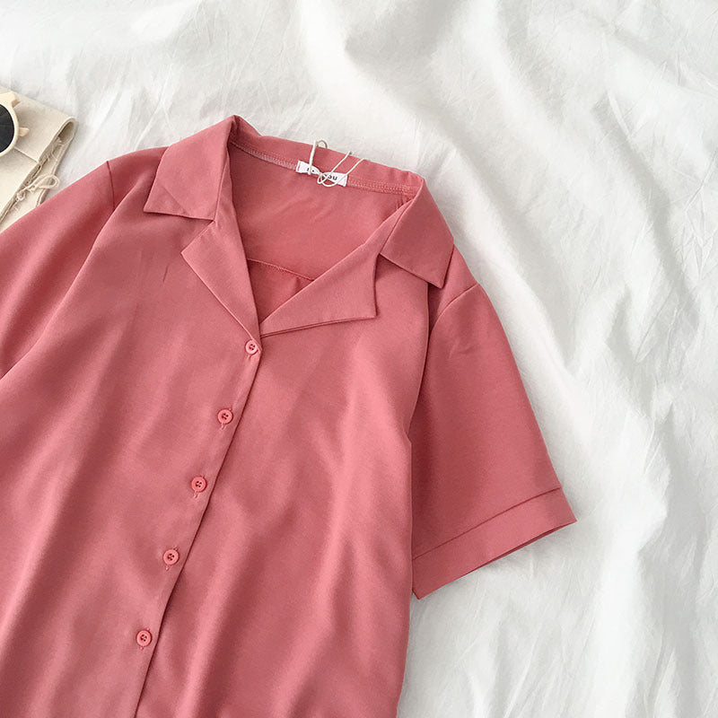 Casual Basic Summer Women Solid Color Lapel Short-Sleeved Shirt Blouse