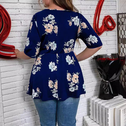 Women Casual Plus Size Lace Splice Floral Printed V-Neck Short-Sleeve Lace-Up Blouse