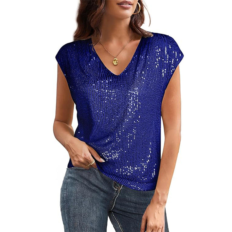 Women Fashion Casual Solid Color Sequin V-Neck Short Sleeve Blouse