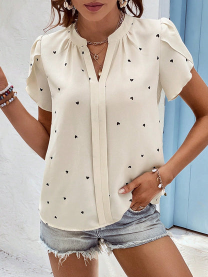 Women Casual V-Neck Heart Print Short-Sleeve Blouses
