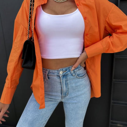 Women Casual Summer Loose Solid Color Long Sleeves V-Neck Blouse
