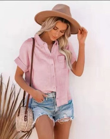 Women Fashion Casual Solid Color Short Sleeve Buttoned Knotted Blouse