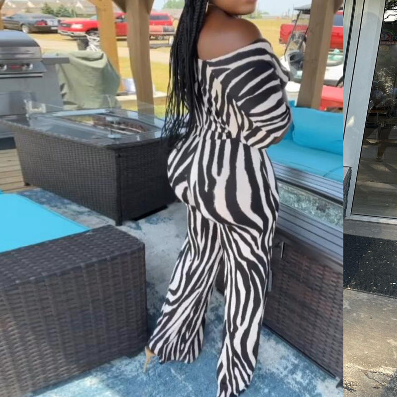 Women Casual Elegant Office Chic Zebra Short Sleeve Crop Blouse And Wide Leg Pants