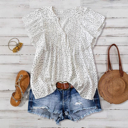 Women Fashion Casual Solid Color Pleated Dot Printed V-Neck Sleeveless Blouse