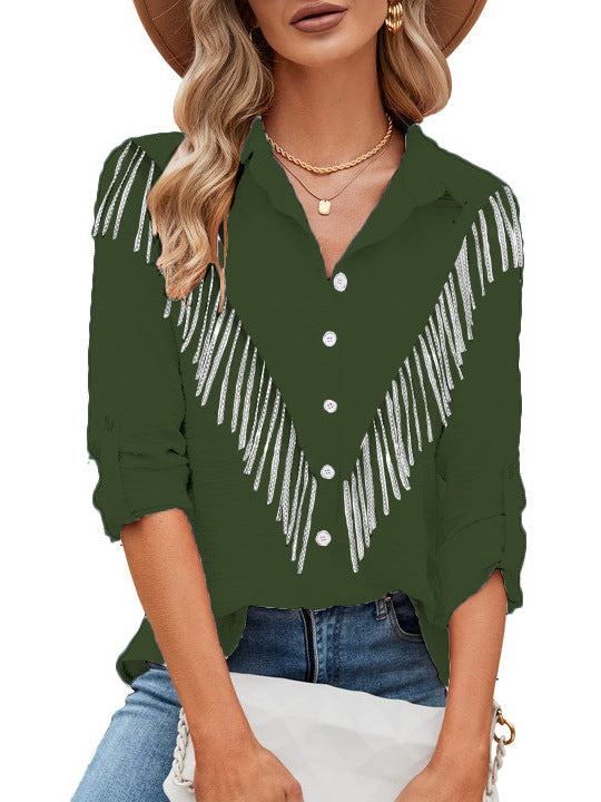 Women Fashion Casual Rhinestone Tassel Lapel Long Sleeve Blouse
