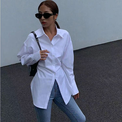 Women Fashion Casual Simple Solid Color Lapel Long Sleeve Blouse