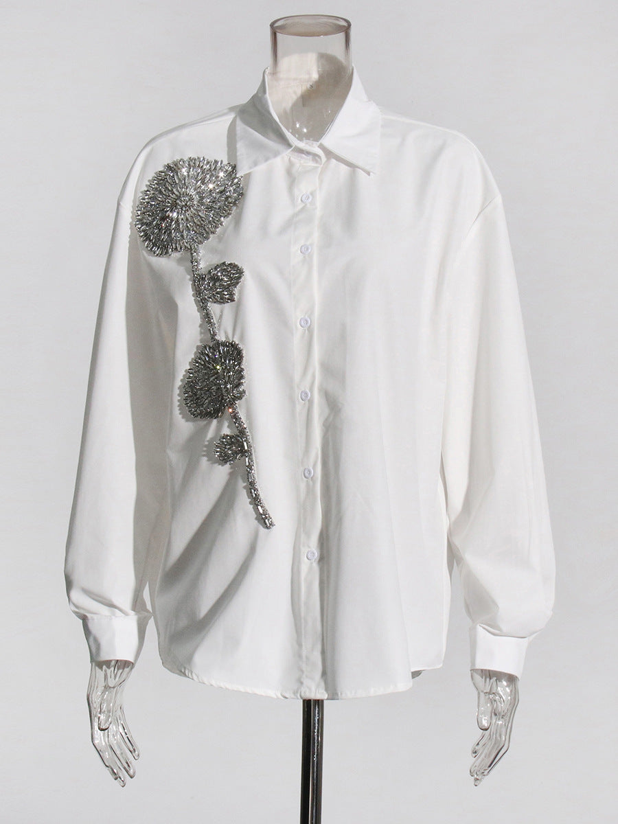 Women Fashion Casual Loose Rhinestone Flower Lapel Long-Sleeve Blouse