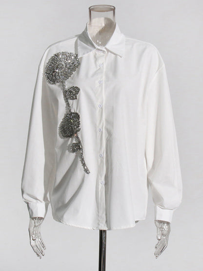 Women Fashion Casual Loose Rhinestone Flower Lapel Long-Sleeve Blouse