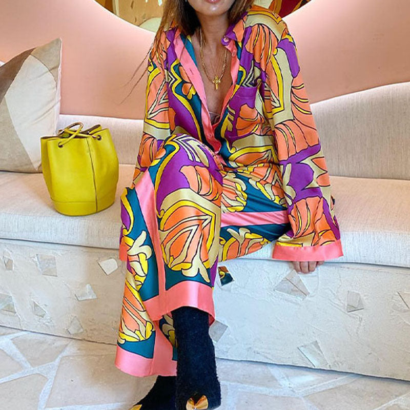 Women Fashion Casual Printing Long Sleeve Shirt Blouse Trousers Ethnic Style Suit