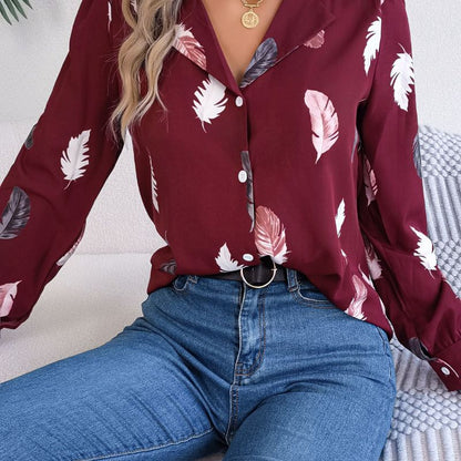 Women Fashion Casual Feather Print Long Sleeve Blouse