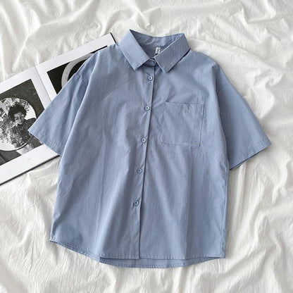 Casual Women Spring Summer Loose Fashion Short-Sleeve Solid Color Lapel Shirt Blouse