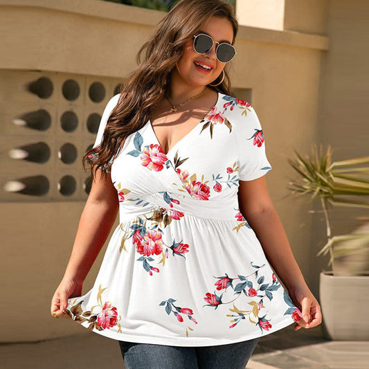 Women Plus Size Floral Print Casual Summer Short Sleeve V Neck Blouse
