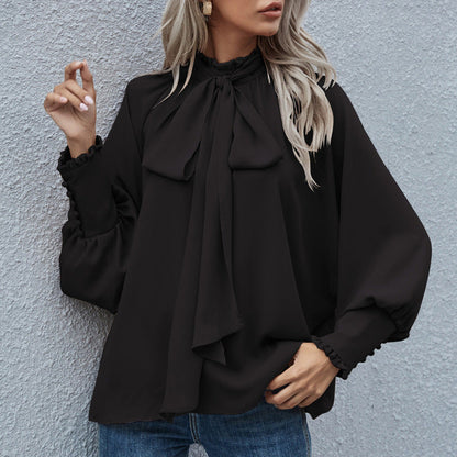 Women Casual Elegant High Neck Bow Tie Bubble Long Sleeve Loose Blouse