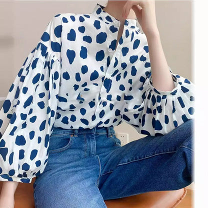 Women Fashion Casual Dot Printed Puff Sleeve Single Breasted Blouse