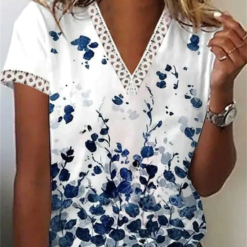 Women Casual Summer V-Neck Lace Feather Floral Printed Short-Sleeved Blouse