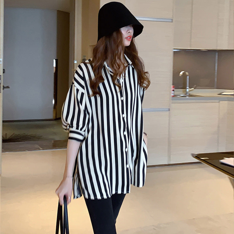 Women Casual Black White Stripe Print Long Sleeve Blouses