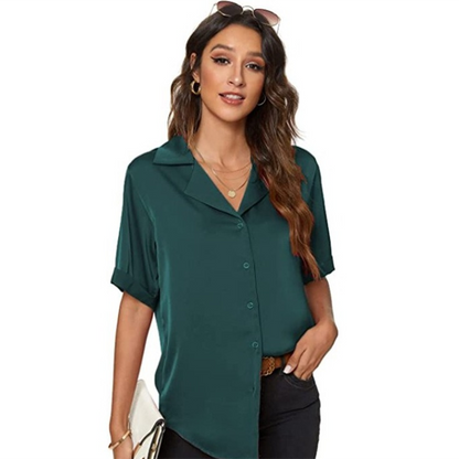 Women Elegant Office Basic Short Sleeve Satin Summer Solid Color Casual Single-breasted Loose Blouse
