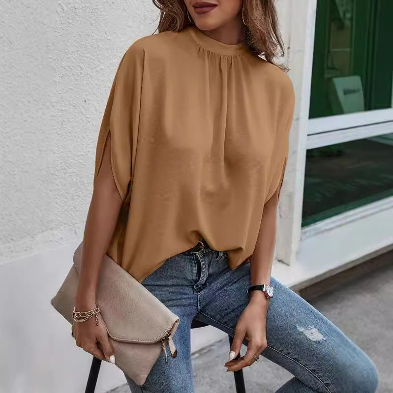 Women Summer Casual Fashion Solid Color Bat Sleeve Blouse