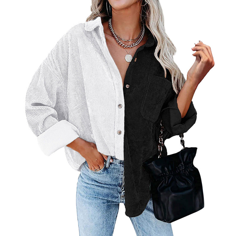 Women Casual Color Blocking Long Sleeve Lapel Single-breasted Patchwork Blouse