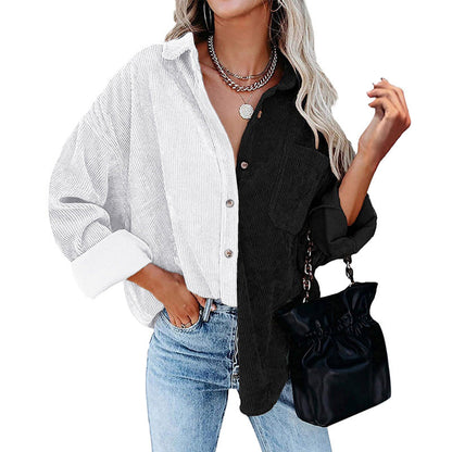 Women Casual Color Blocking Long Sleeve Lapel Single-breasted Patchwork Blouse