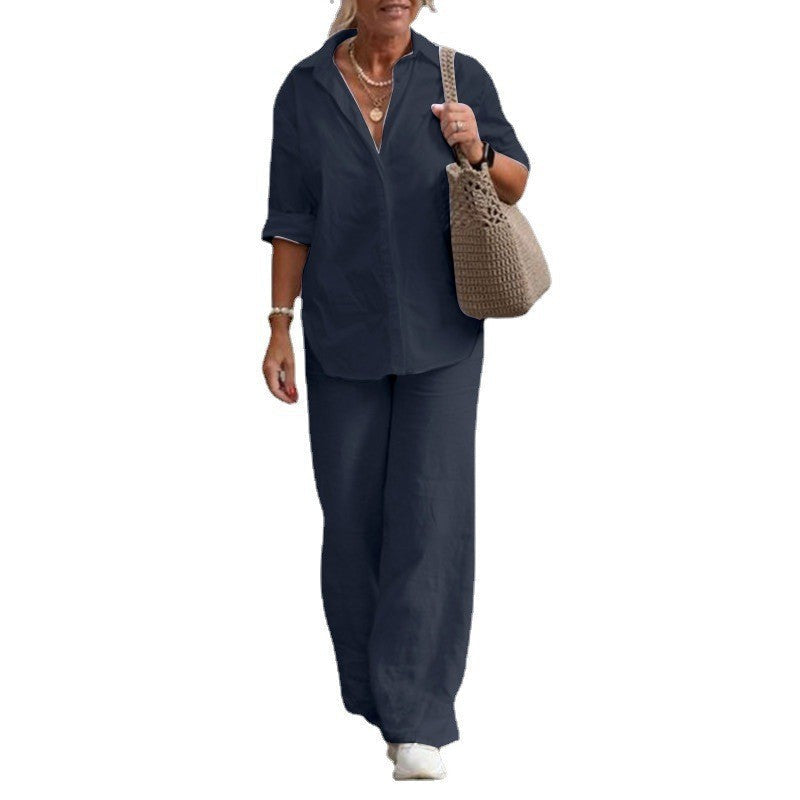 Women Fashion Casual Lapel Long-Sleeved Blouse Solid Color Pants Wide-Leg Set