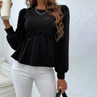 Women Sweet Edgy Loose Casual Long Puff Sleeves Ruffled Temperament Blouse