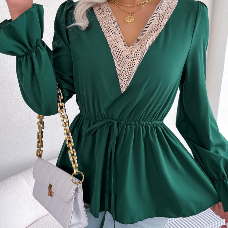 Women Fashion Casual Office V-Neck Lace-Up Defined Waist Ruffled Chiffon Blouse