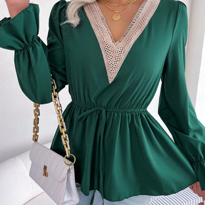 Women Fashion Casual Office V-Neck Lace-Up Defined Waist Ruffled Chiffon Blouse