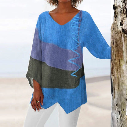 Autumn Casual Loose V-Neck Irregular Hem Artistic Printed Long Sleeve Retro Women Blouse