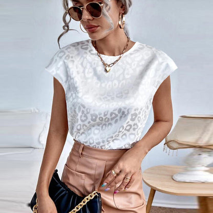 Women Summer Leopard Jacquard Casual Short Sleeve Office Chic Blouse