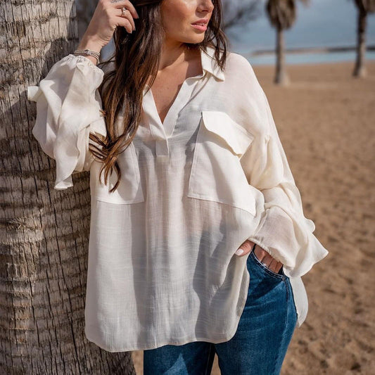 Women Fashion Casual Long-Sleeved V Neck Pullover Solid Color Cotton And Linen Blouse