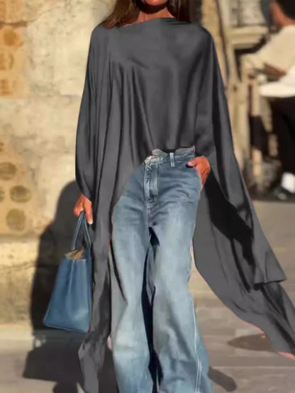 Women Casual Solid Color Irregular Long Sleeve Blouse
