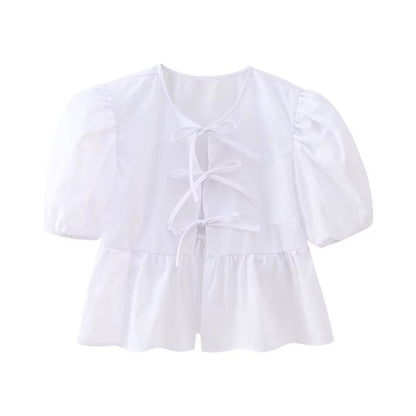 Women Sweet Casual Puff Sleeve Bow Knot Ruffled Stripe Leopard Blouse
