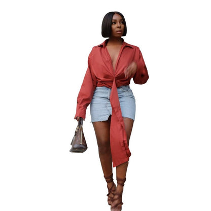 Women Fashion Solid Color Pleated Deep V-Zipper Casual Long Sleeve Blouse