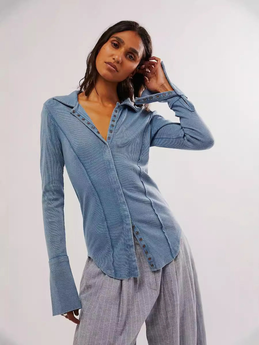 Women Fashion Casual Solid Color Long Sleeve Slim-Fit Lapel Single Breasted Blouse