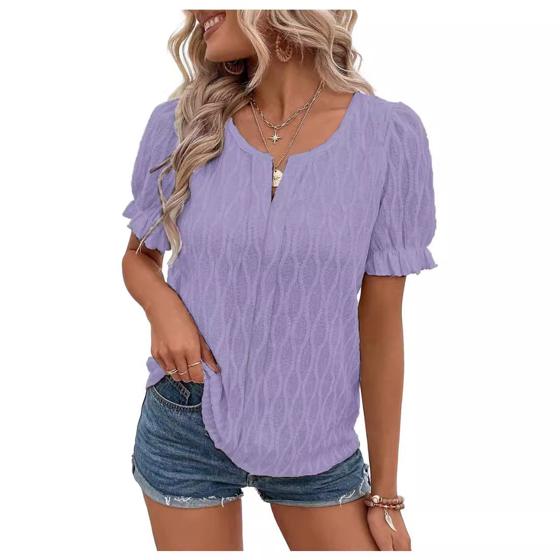 Women Fashion Casual Solid Color Jacquard V-Neck Puff Sleeve Blouse