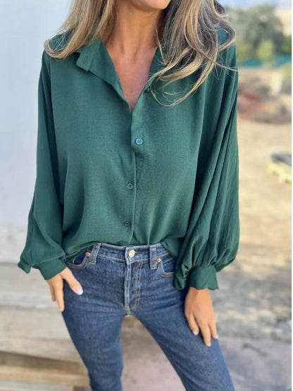 Women Fashion Casual Solid Color Lasel Long Sleeve Button Blouse