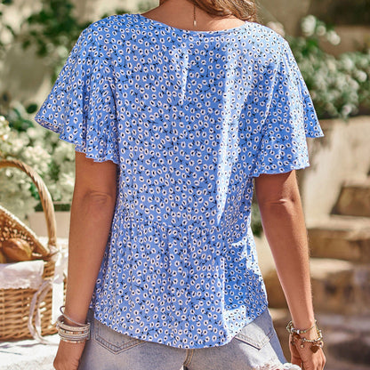 Women Fashion Casual Vacation Short Sleeve V-Neck Tiny Floral Printing Blouse