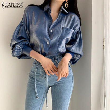 Women Fashion Solid Color Elegant Lapel Casual Long Puff Sleeve Blouse