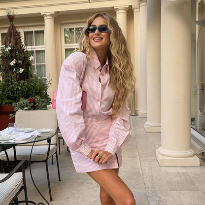 Women Fashion Casual Stripe Lapel Long Sleeve Blouse Slim Fit Split Skirt Two-Piece Set