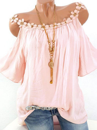 Women Summer Vacation Casual Solid Color Lace Round Neck Blouse