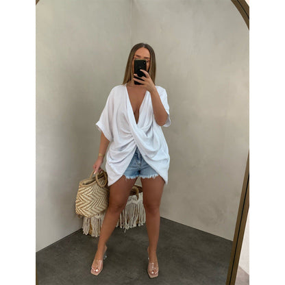 Women Casual Fashion Solid Color V Neck Knotted Blouse